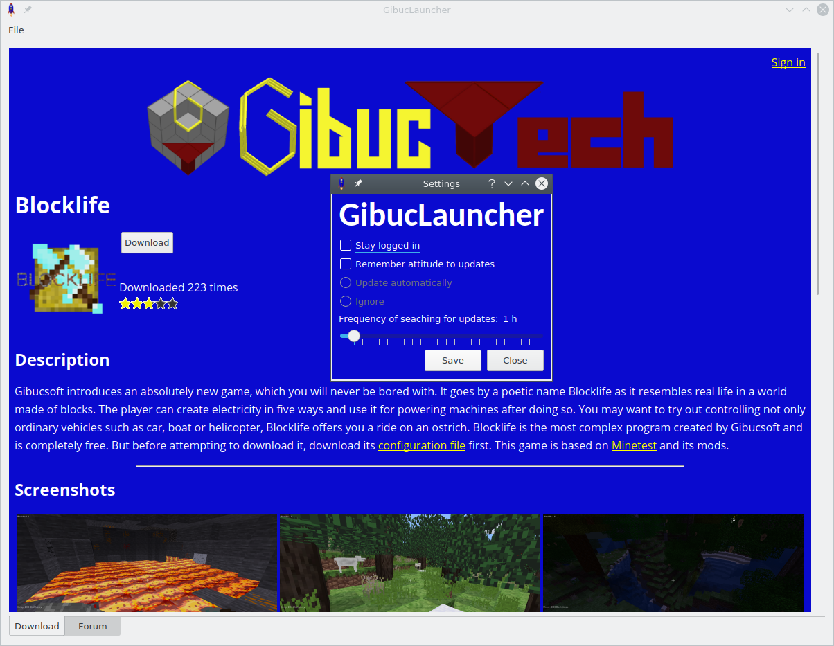 Screenshot of application GibucLauncher